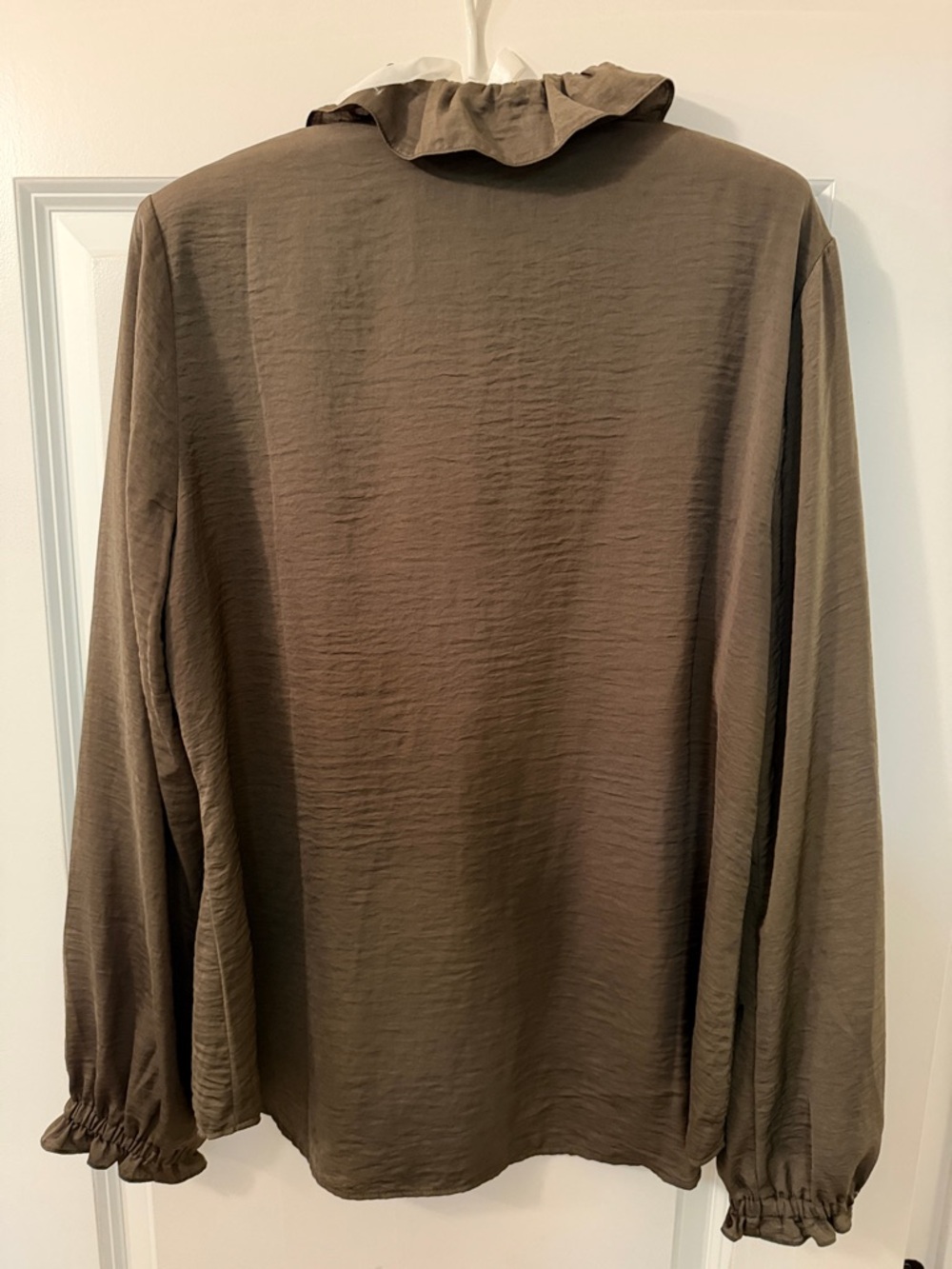 CAbi Icon Olive Brown Boho Romantic Ruffle-Front Button Up Blouse, medium - Picture 3 of 6